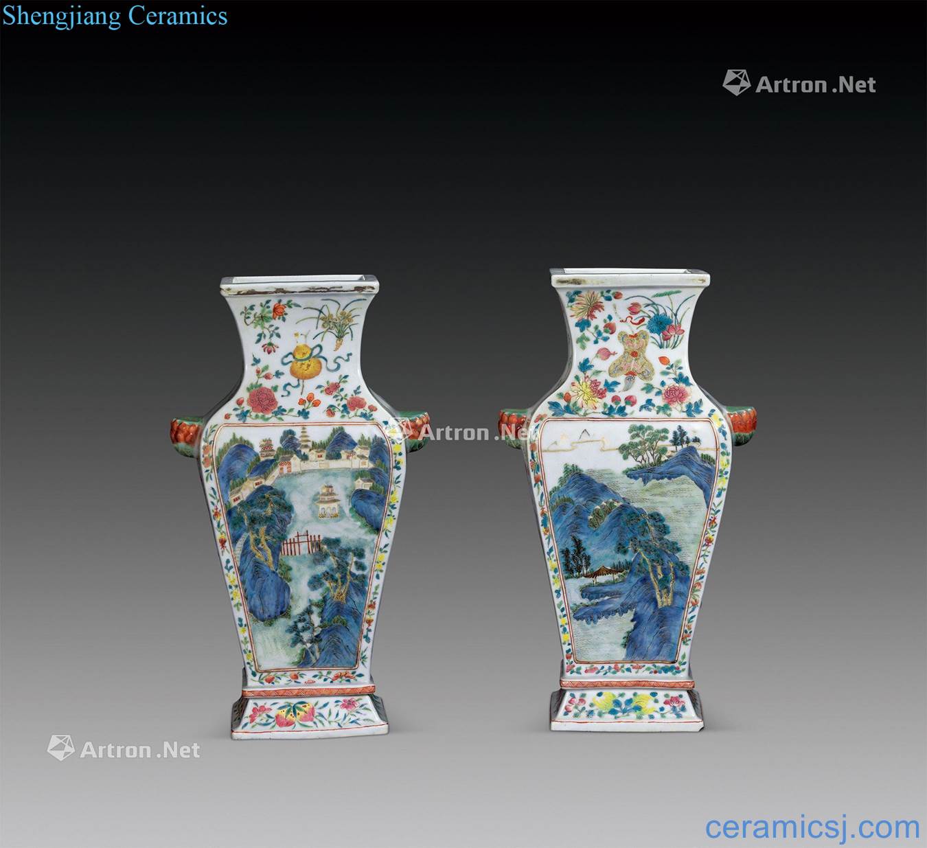 Jiaqing pastel landscape character square bottle (a)