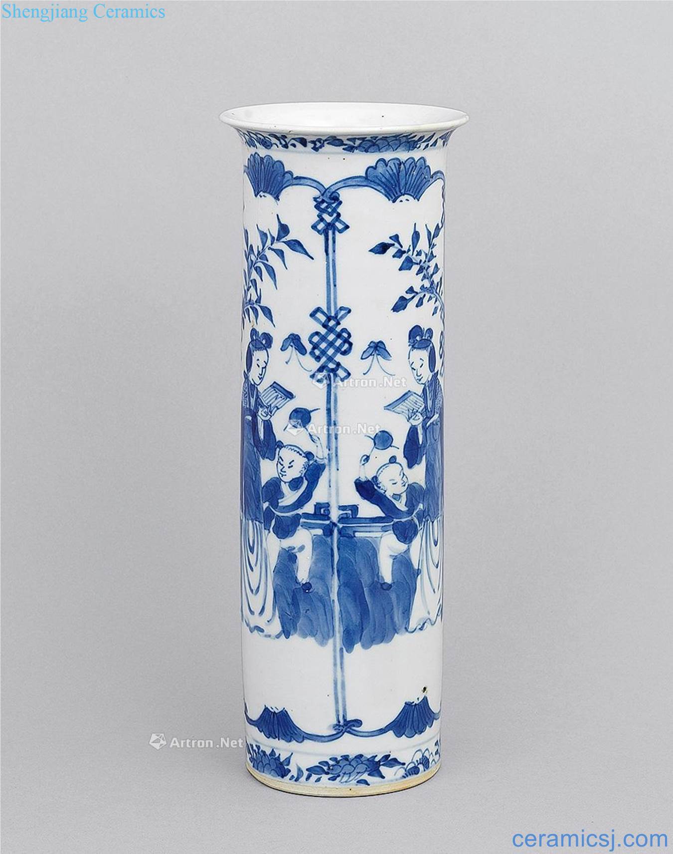 Mid qing Blue and white characters bucket bottle