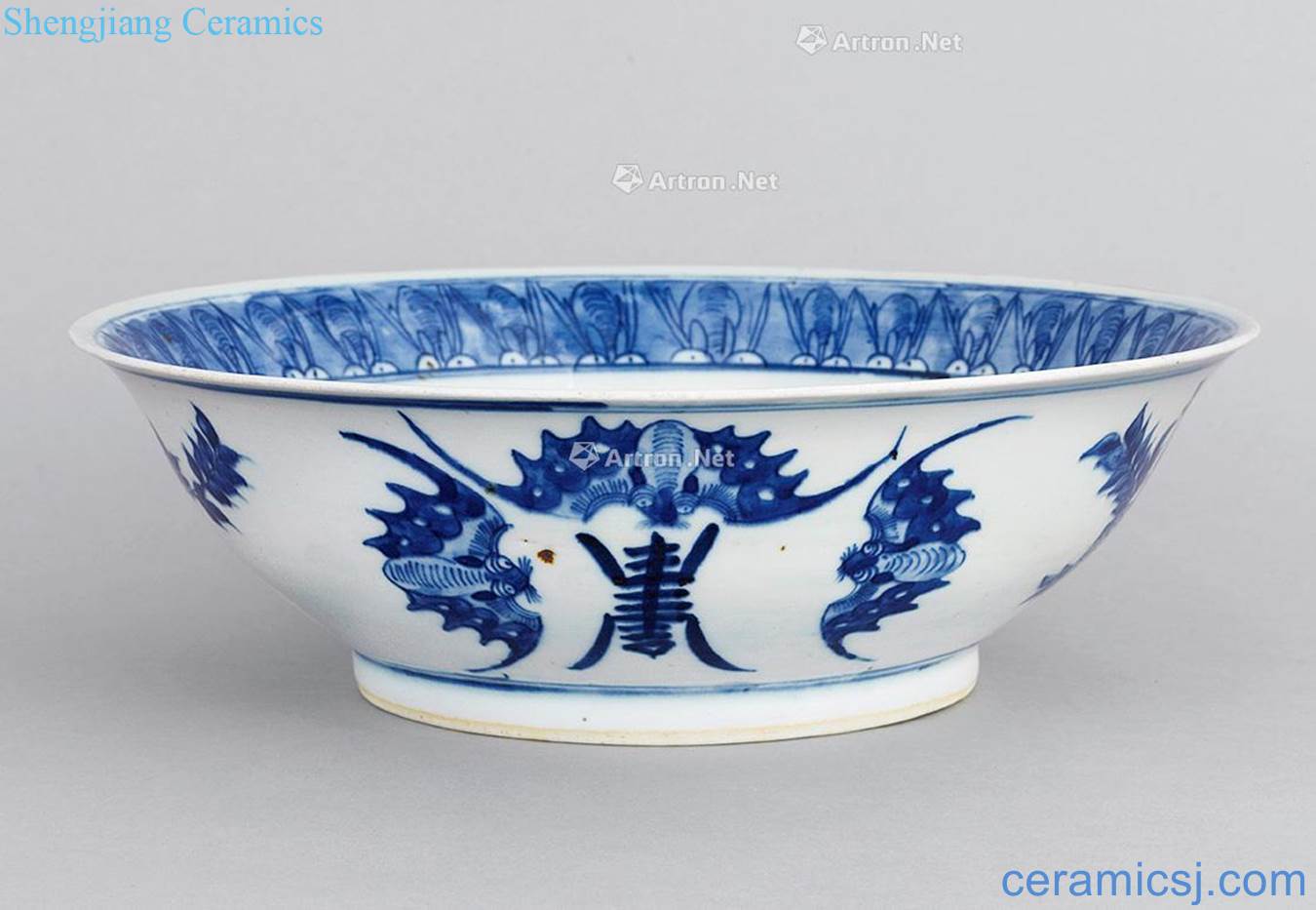 Mid qing Blue and white inside and outside live sanduo bowl