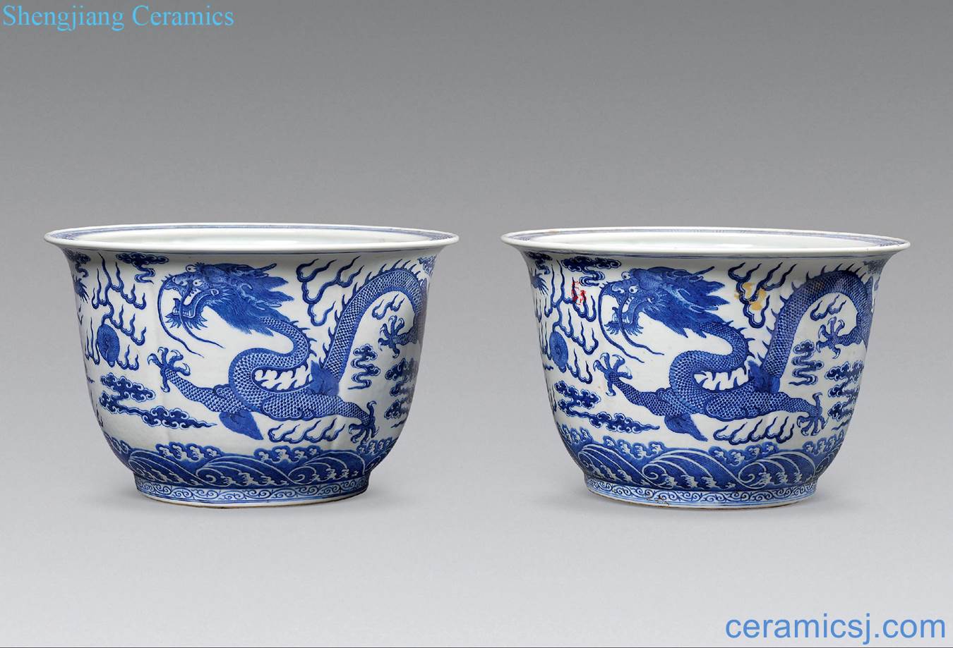 Qing guangxu Blue and white dragon flower pot (a)