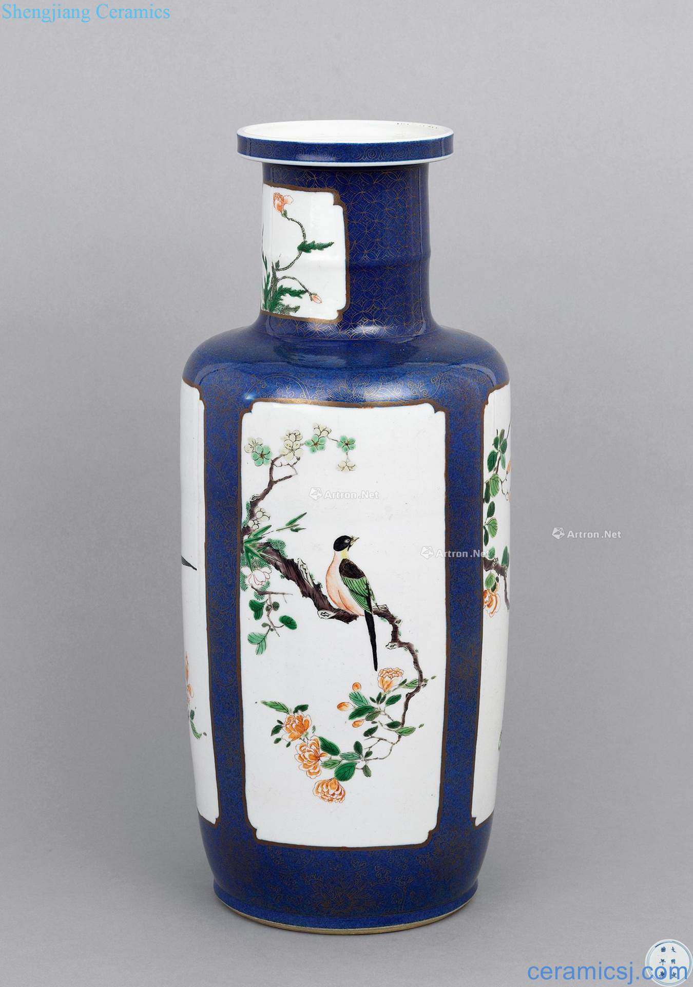 The qing emperor kangxi is aspersed to the colour blue medallion colorful flowers and birds were bottles