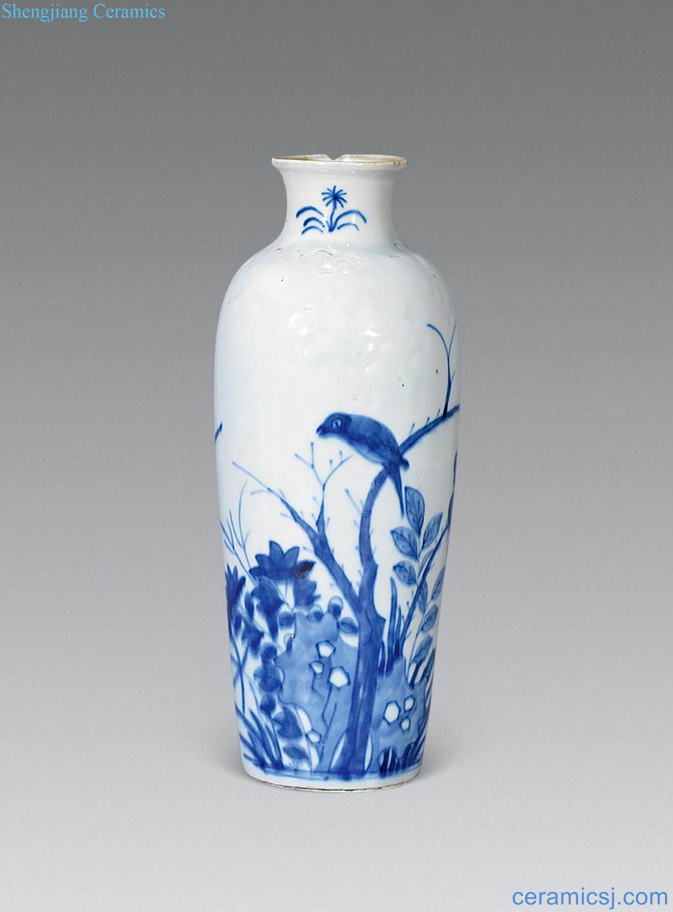 Qing shunzhi Blue and white hole stone figure bottles of flowers and birds
