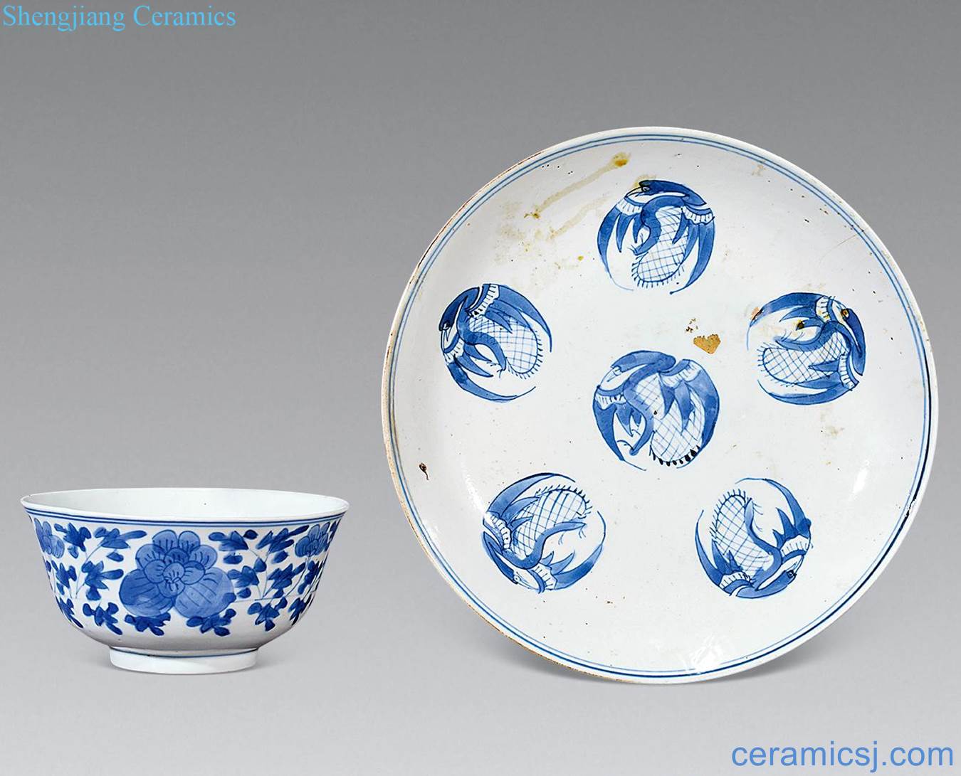 Qing dynasty blue and white crane tray and flower bowl (two)