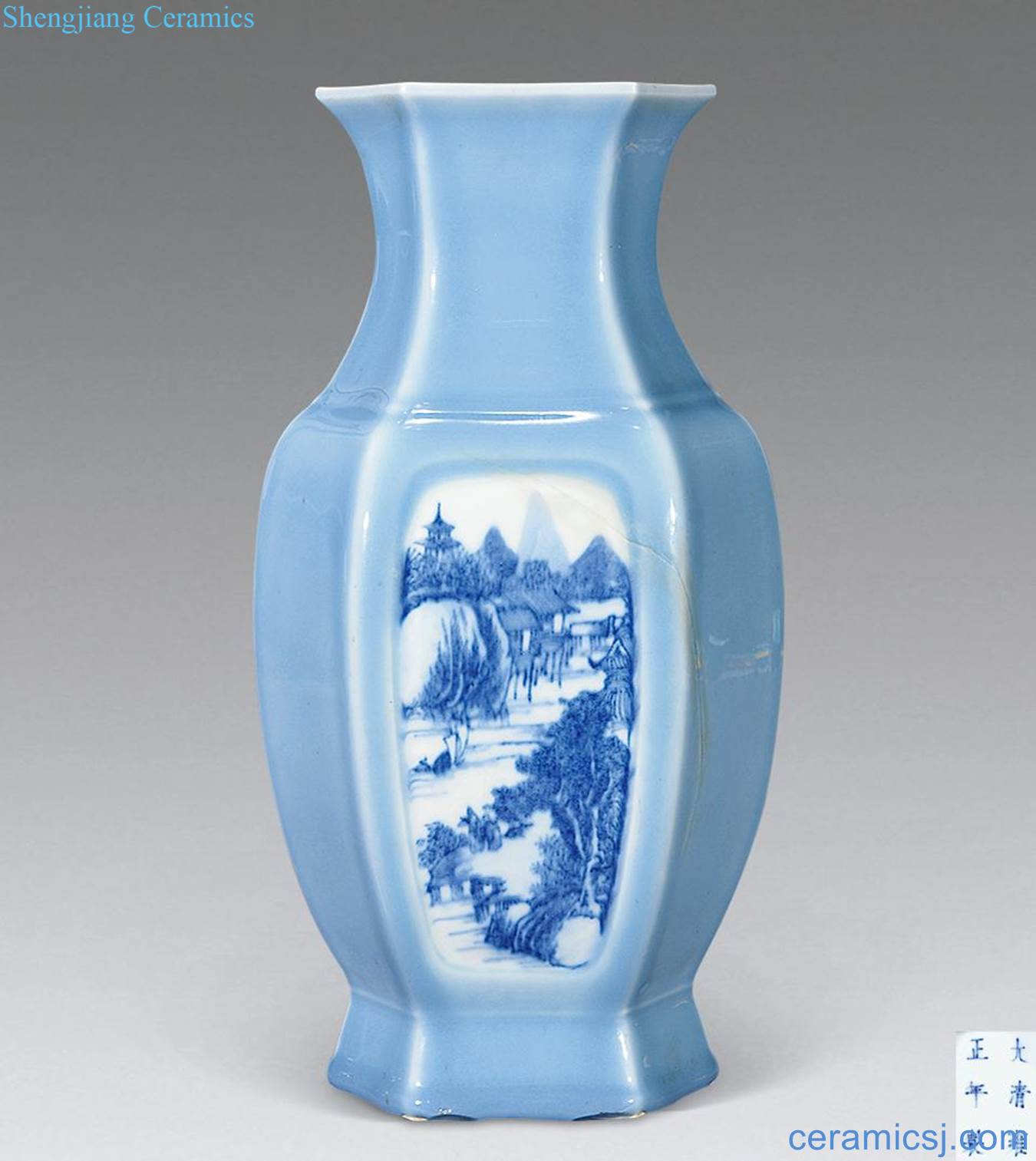 Clear sky blue glaze blue and white landscape vase medallion