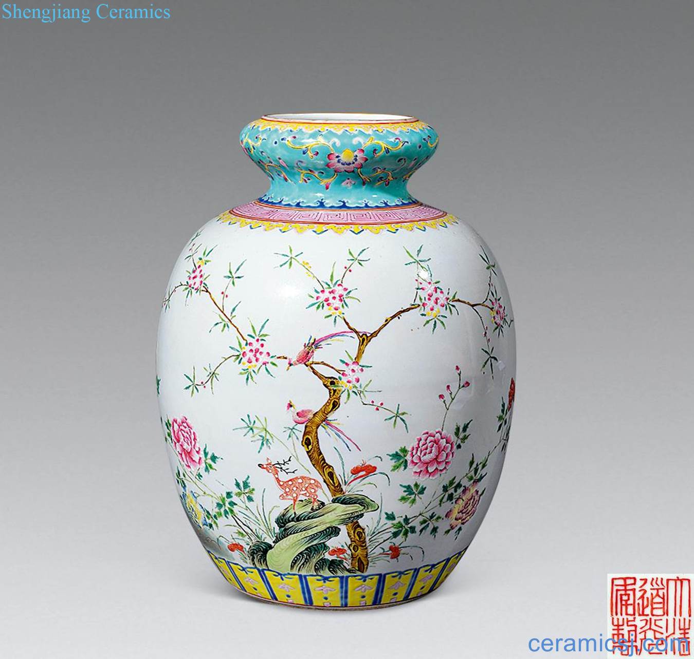Pastel reign of qing emperor guangxu figure statue of peony flowers and birds