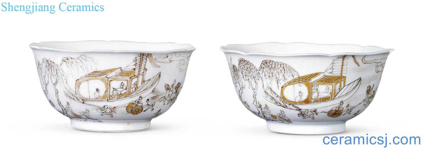 Qing qianlong color ink landscape character flower mouth bowl (a)