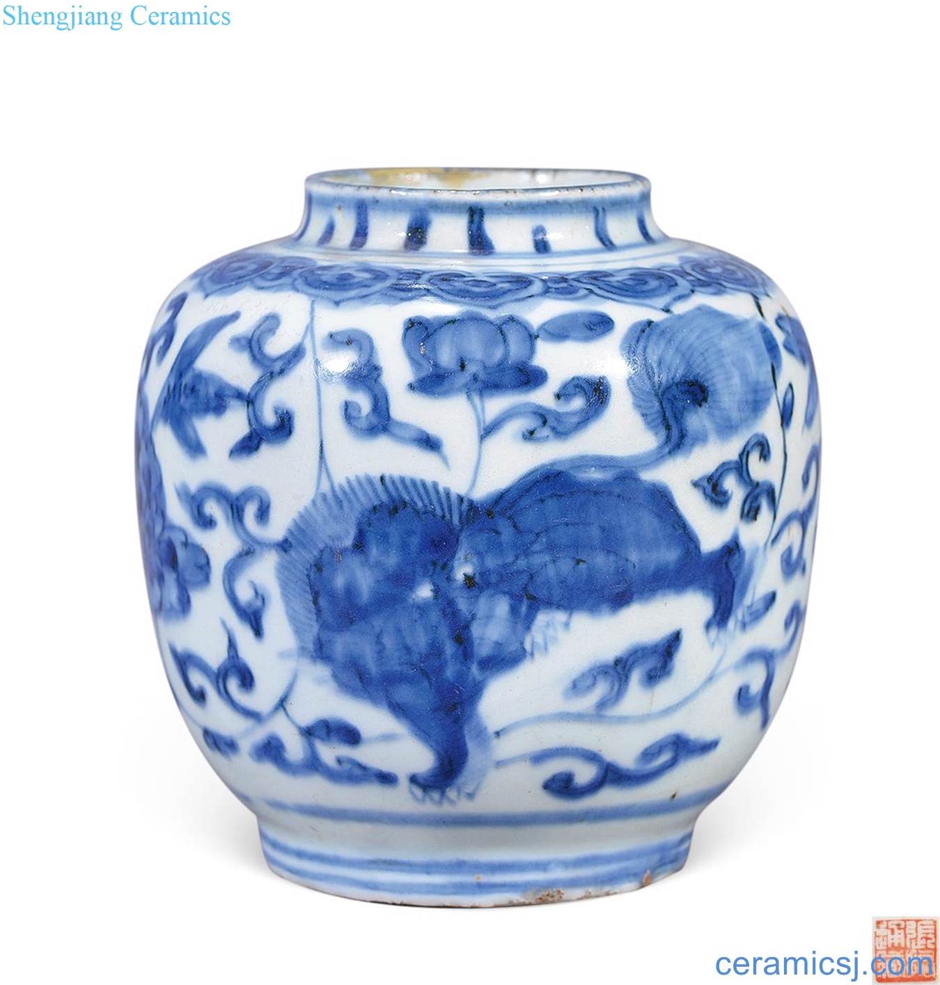 Ming wanli Blue and white lion wearing flower small tank