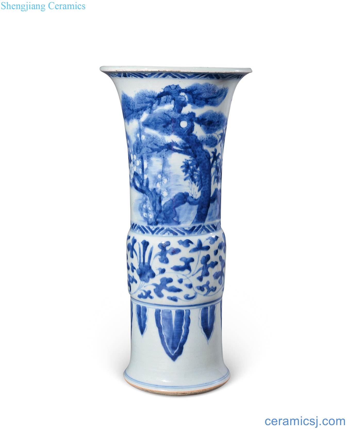 Qing shunzhi Blue and white shochiku plum flower vase with