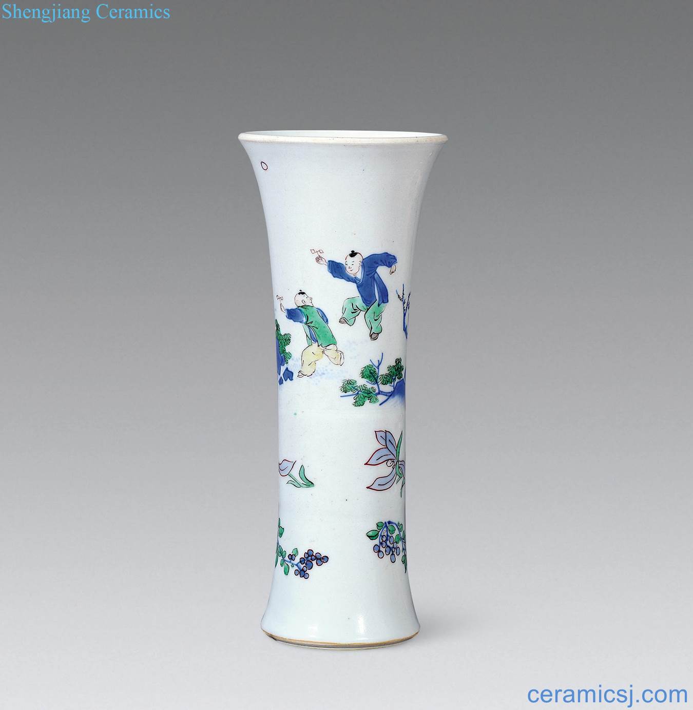 The qing emperor kangxi Blue and white flower vase with colorful baby play