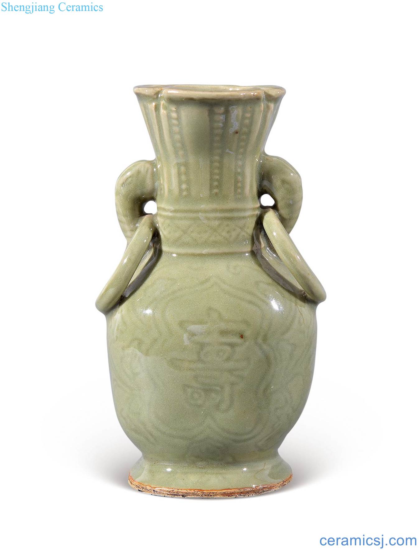 Ming Longquan celadon vase with a life of words double loop