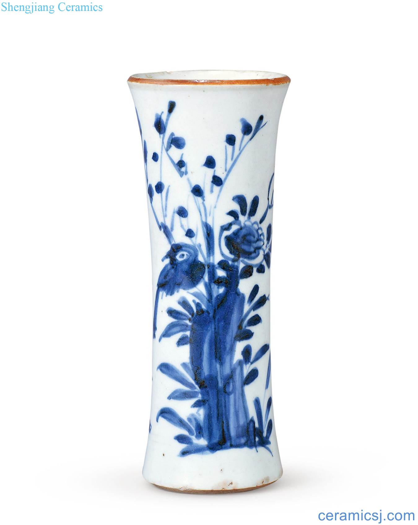 Qing shunzhi Blue and white flower vase with birds and flowers