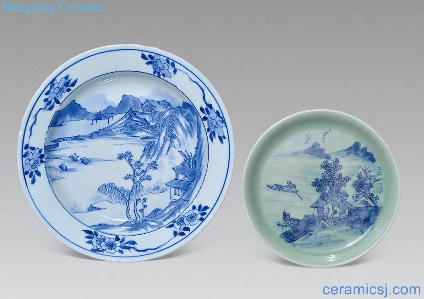 Qing qianlong Blue and white landscape, pea green landscape tray (two)