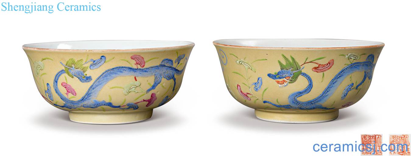 Qing daoguang Yellow dragon and bit ganoderma lucidum green-splashed bowls (a)