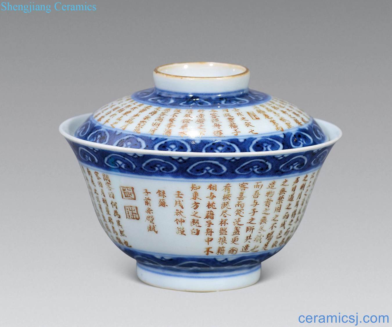 Qing jiaqing Blue and white colour red cliff tureen