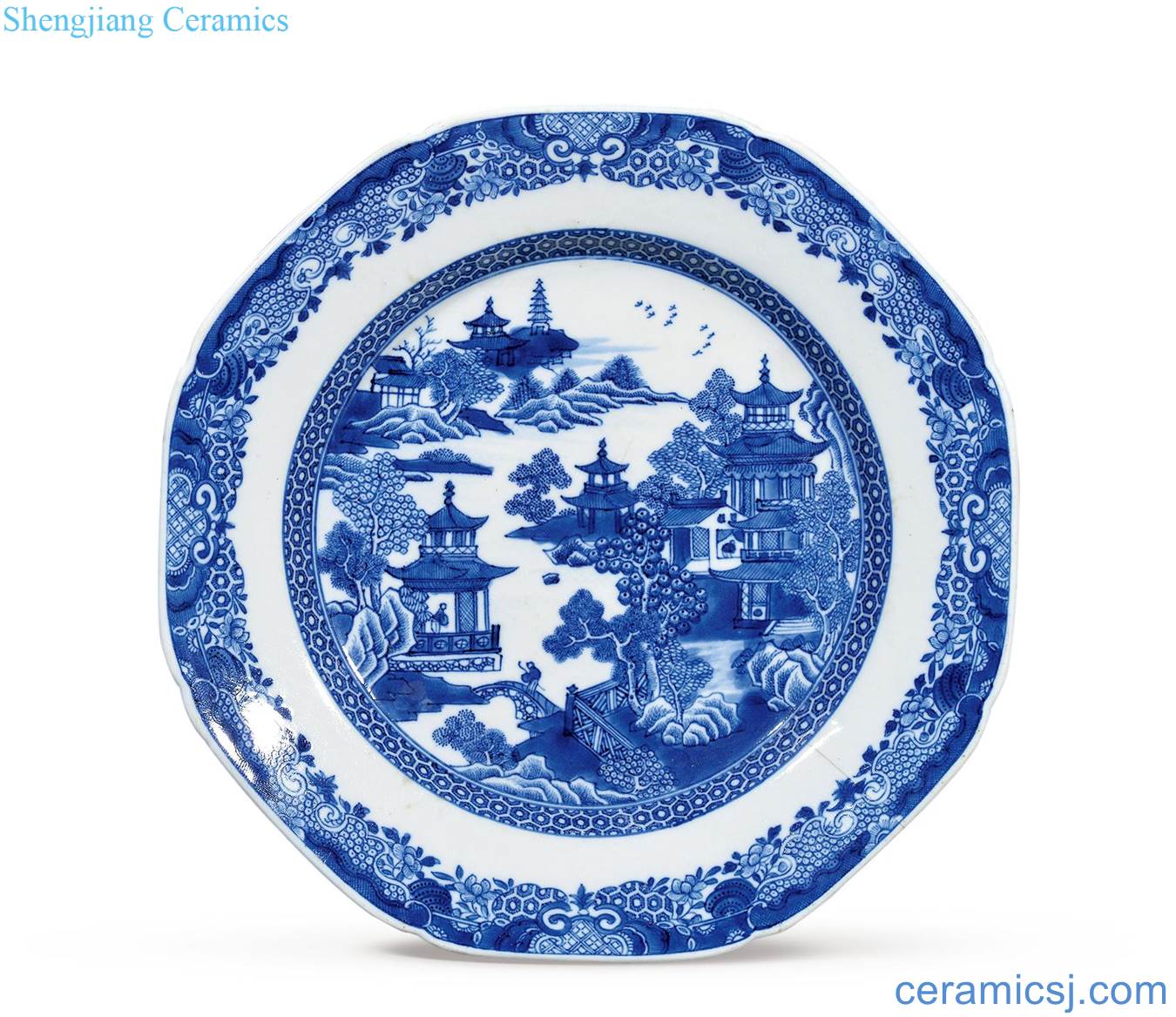 Qing qianlong A castle in the blue and white landscape eight square plate