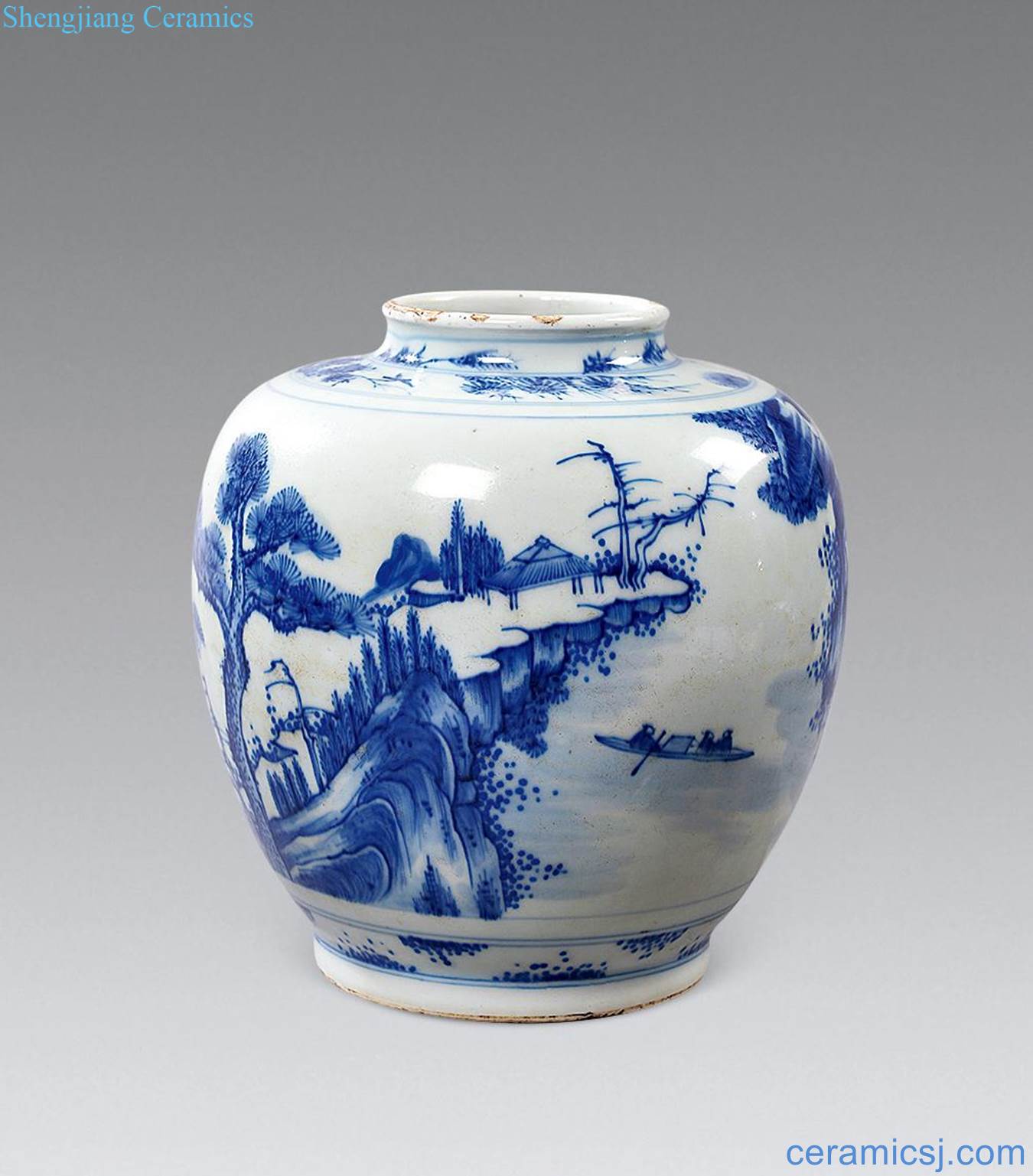 Qing shunzhi Blue and white landscape character too white cans