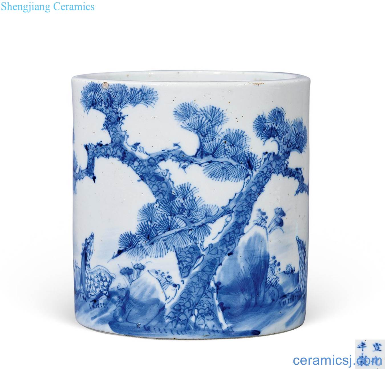 Qing guangxu Blue and white deer brush pot
