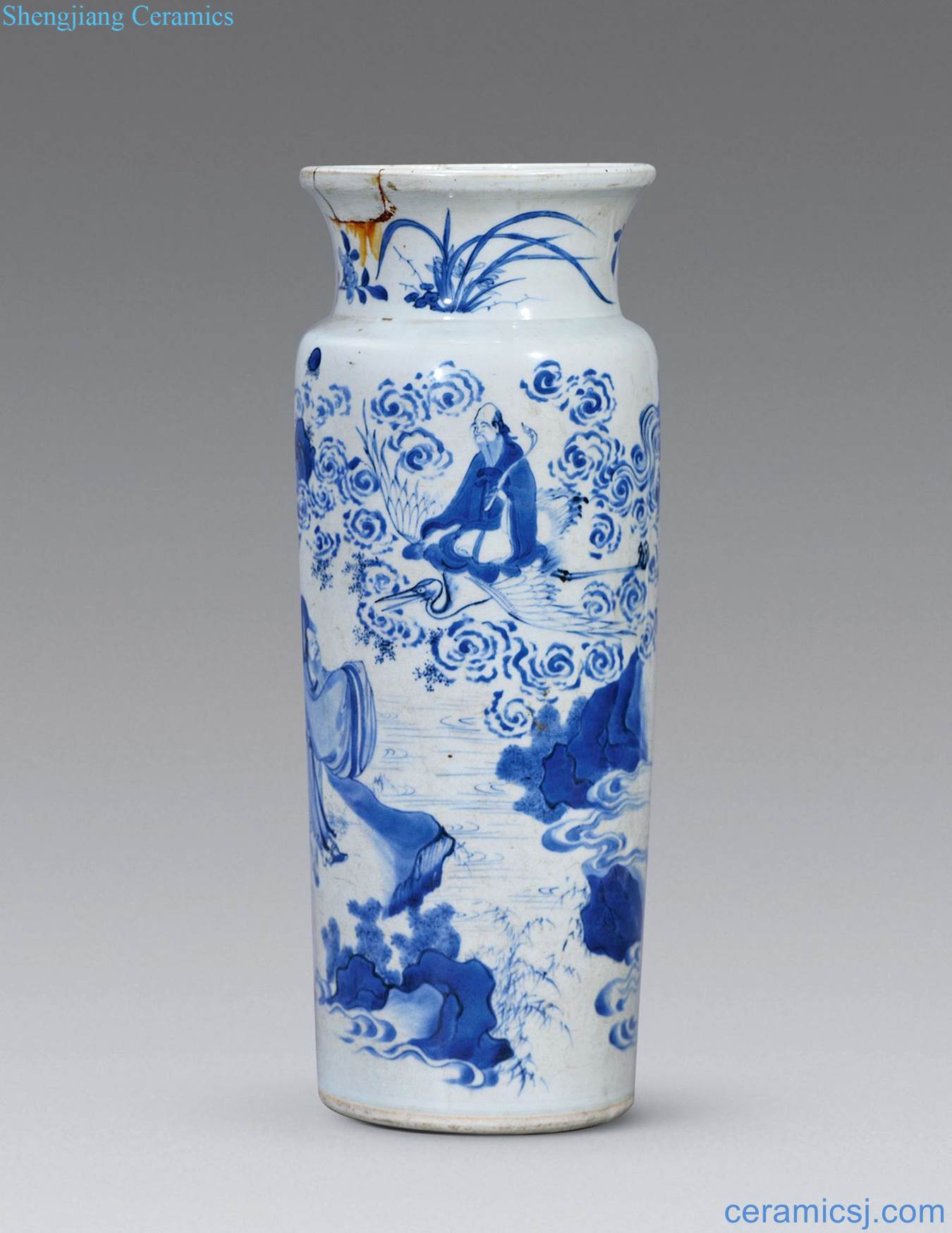 In the early qing Blue fairy figure tube bottle by crane
