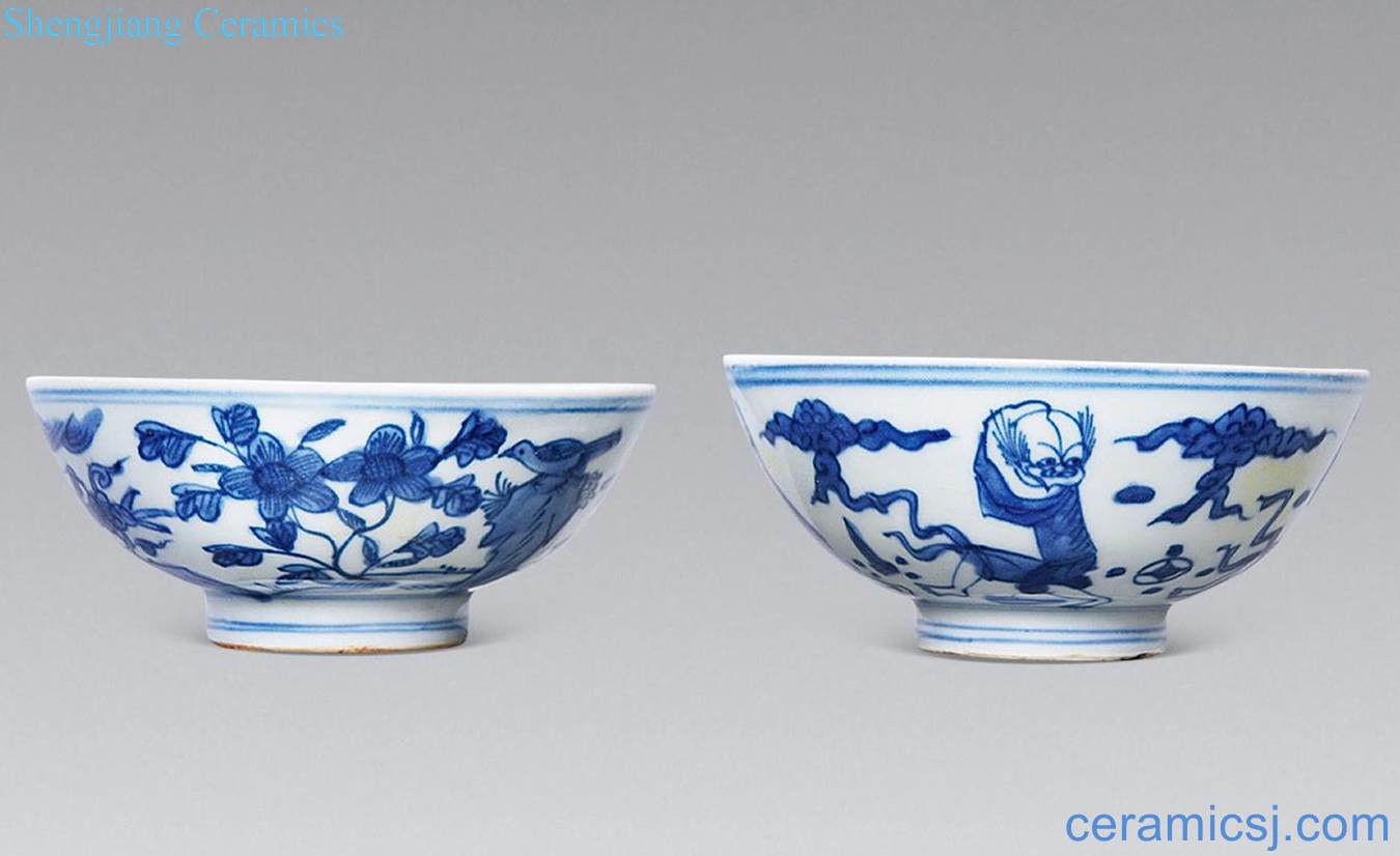 Ming wanli Blue and white flowers and birds, fairy bowl (two)