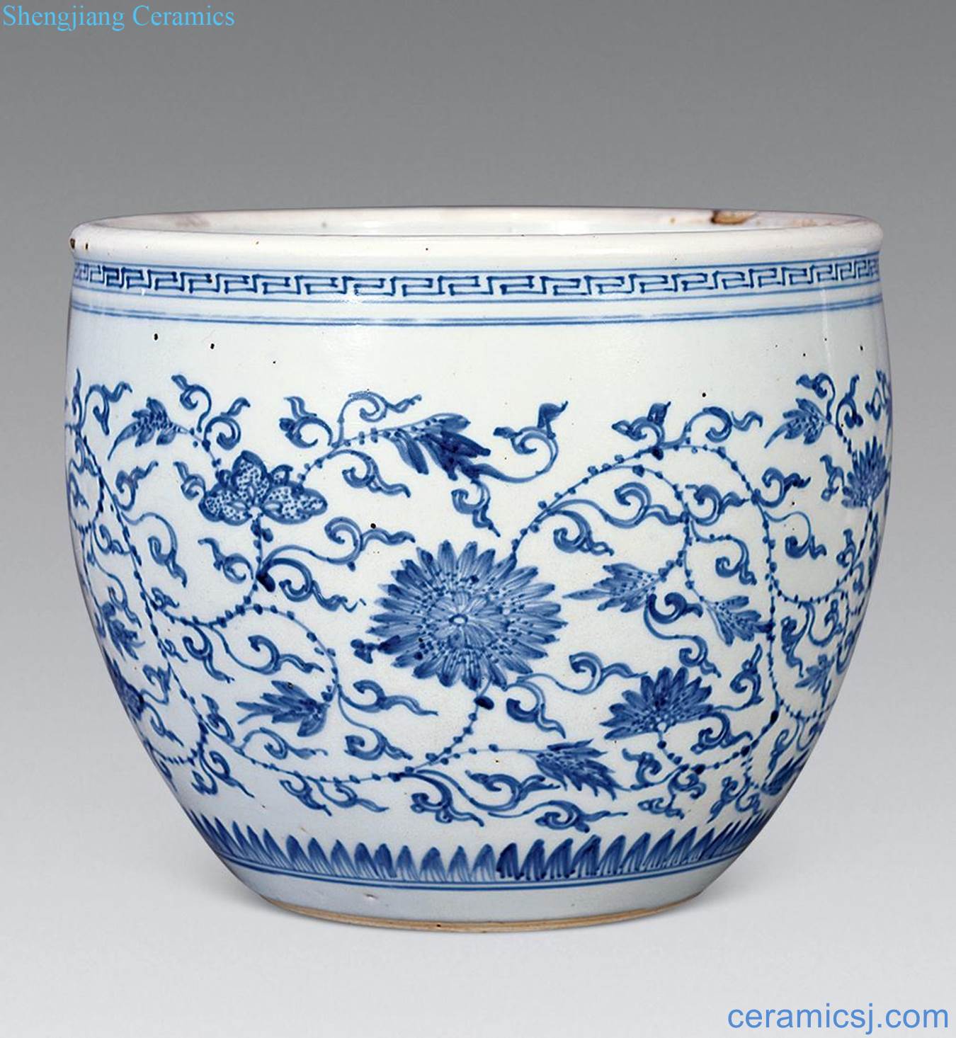Qing yongzheng Blue and white lotus flower grain in cylinder