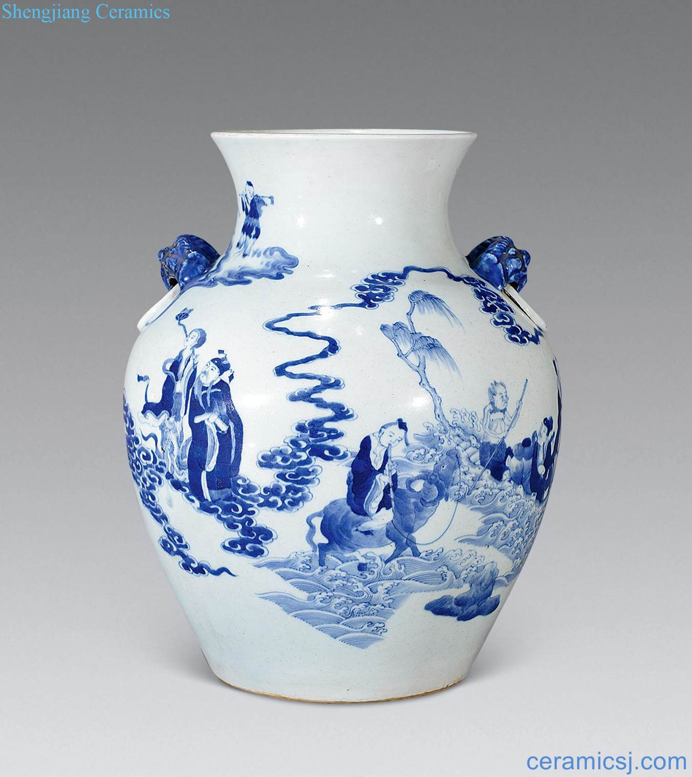 Qing guangxu Blue and white the eight immortals double lion ear tank