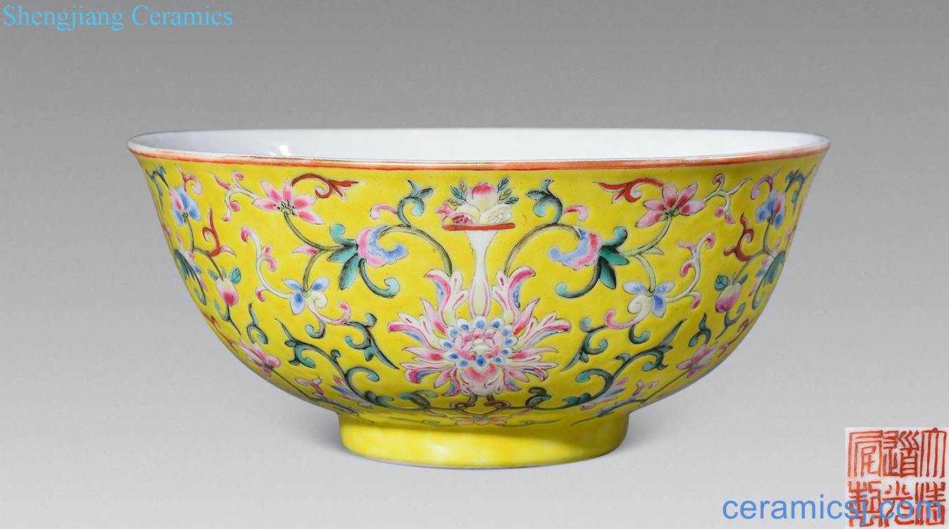 Qing daoguang To the yellow colors branch passionflower green-splashed bowls
