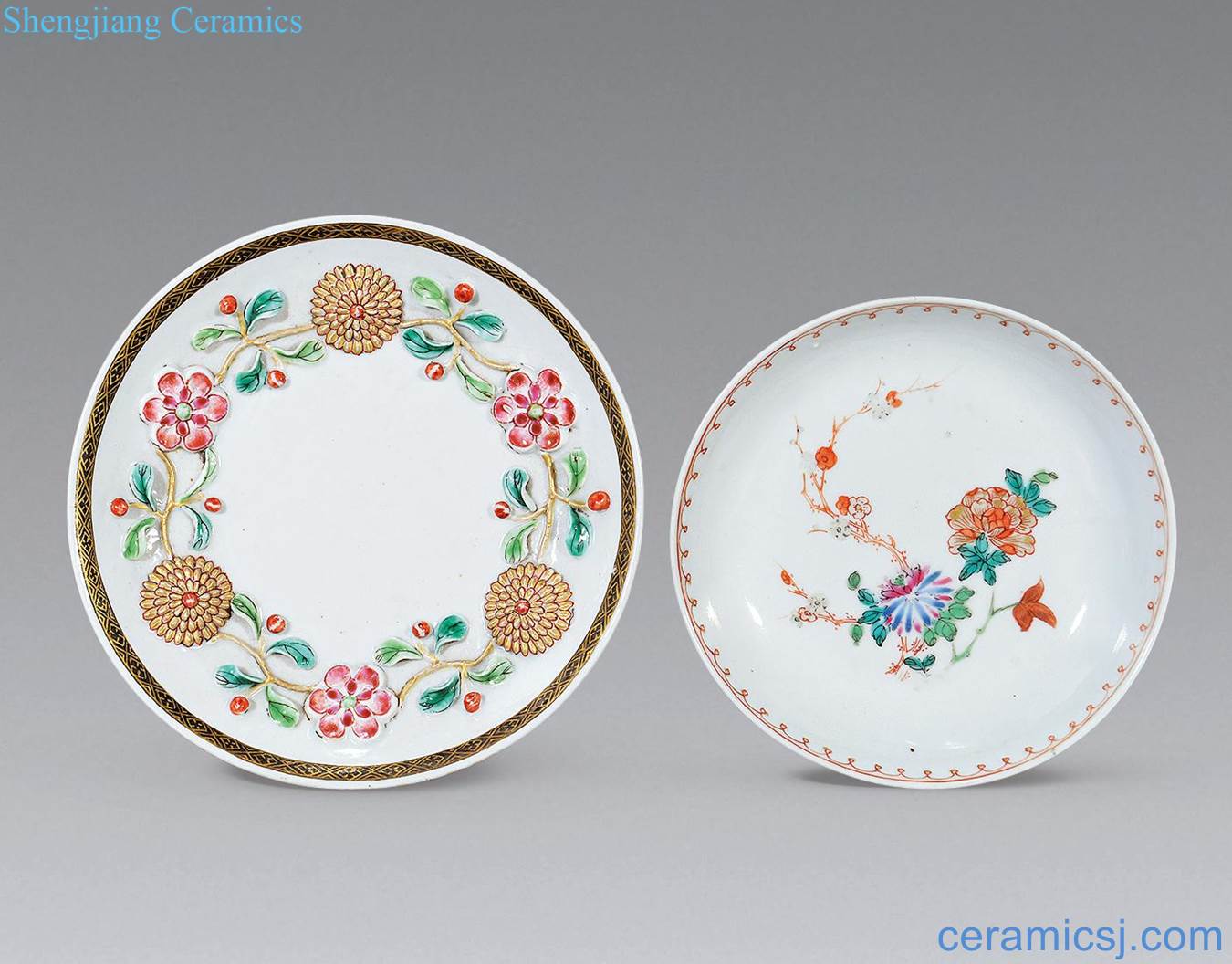 Qing qianlong pastel carved porcelain, flower disc (two)