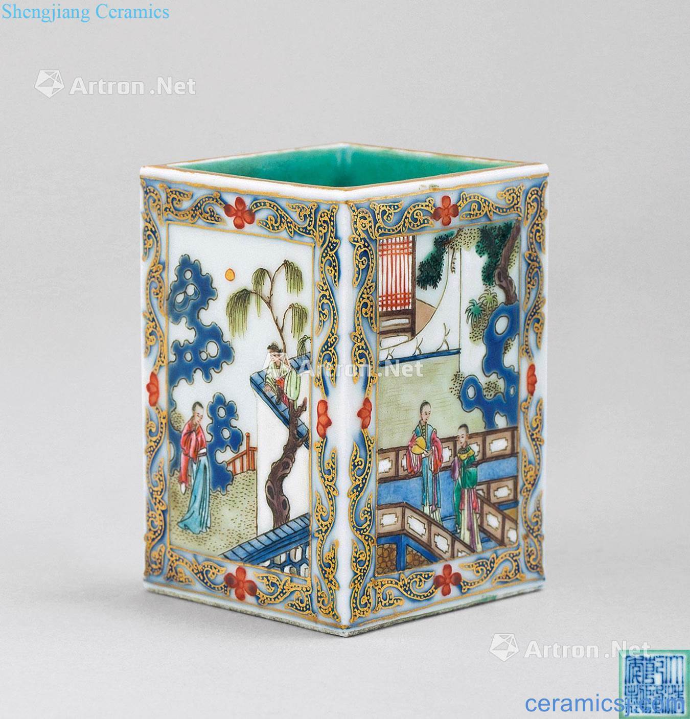 In the qing dynasty (1644 ~ 1911) powder enamel is aspersed characters story lines brush pot of gold