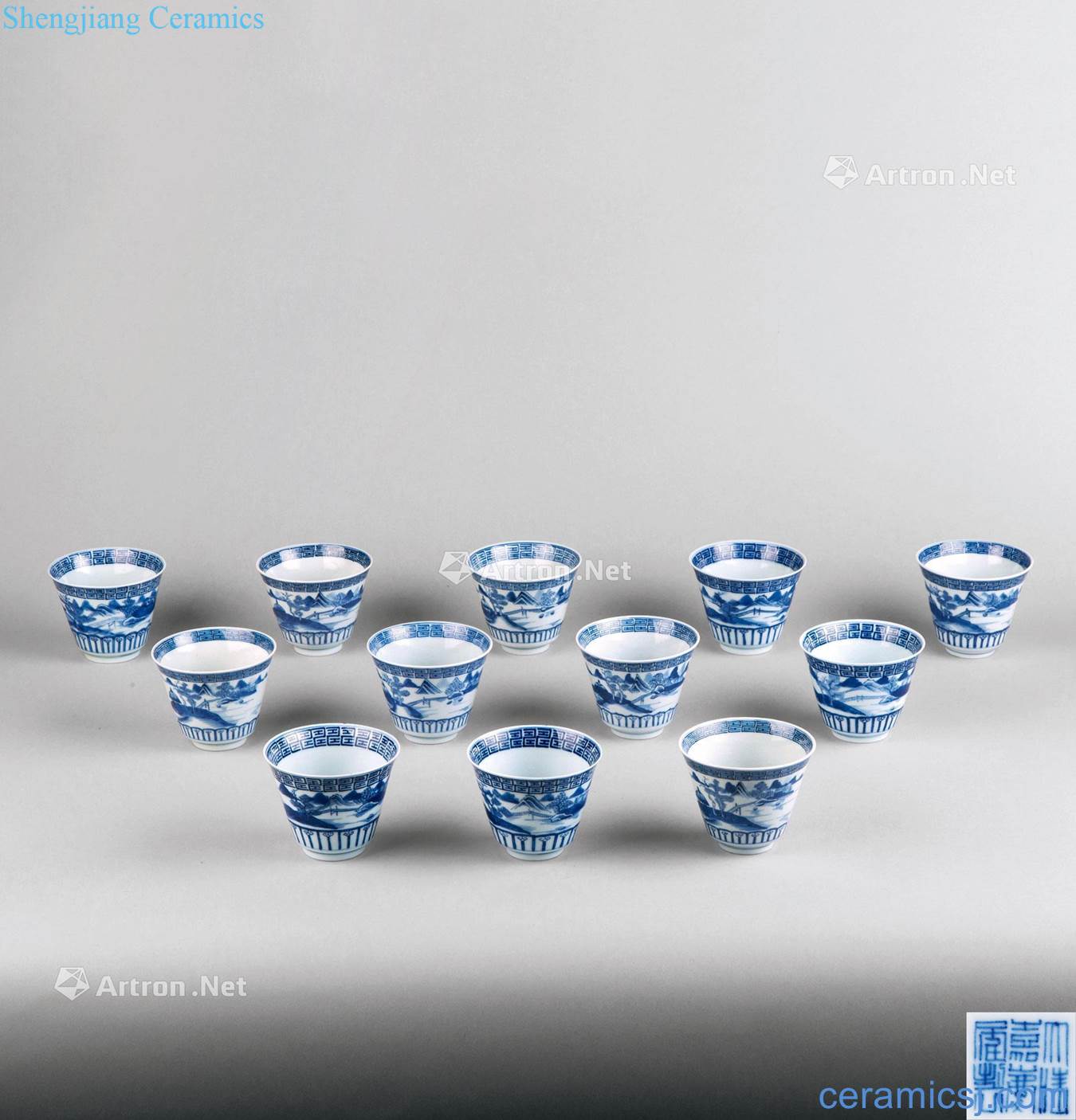 In the qing dynasty (1644 ~ 1911) blue and white landscape pattern cup (12 pieces a set)