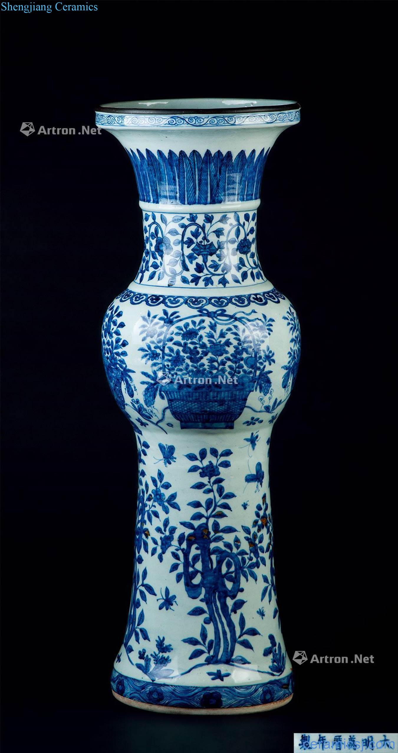Ming wanli (1573 ~ 1619) blue and white antique grain big flower vase with flowers