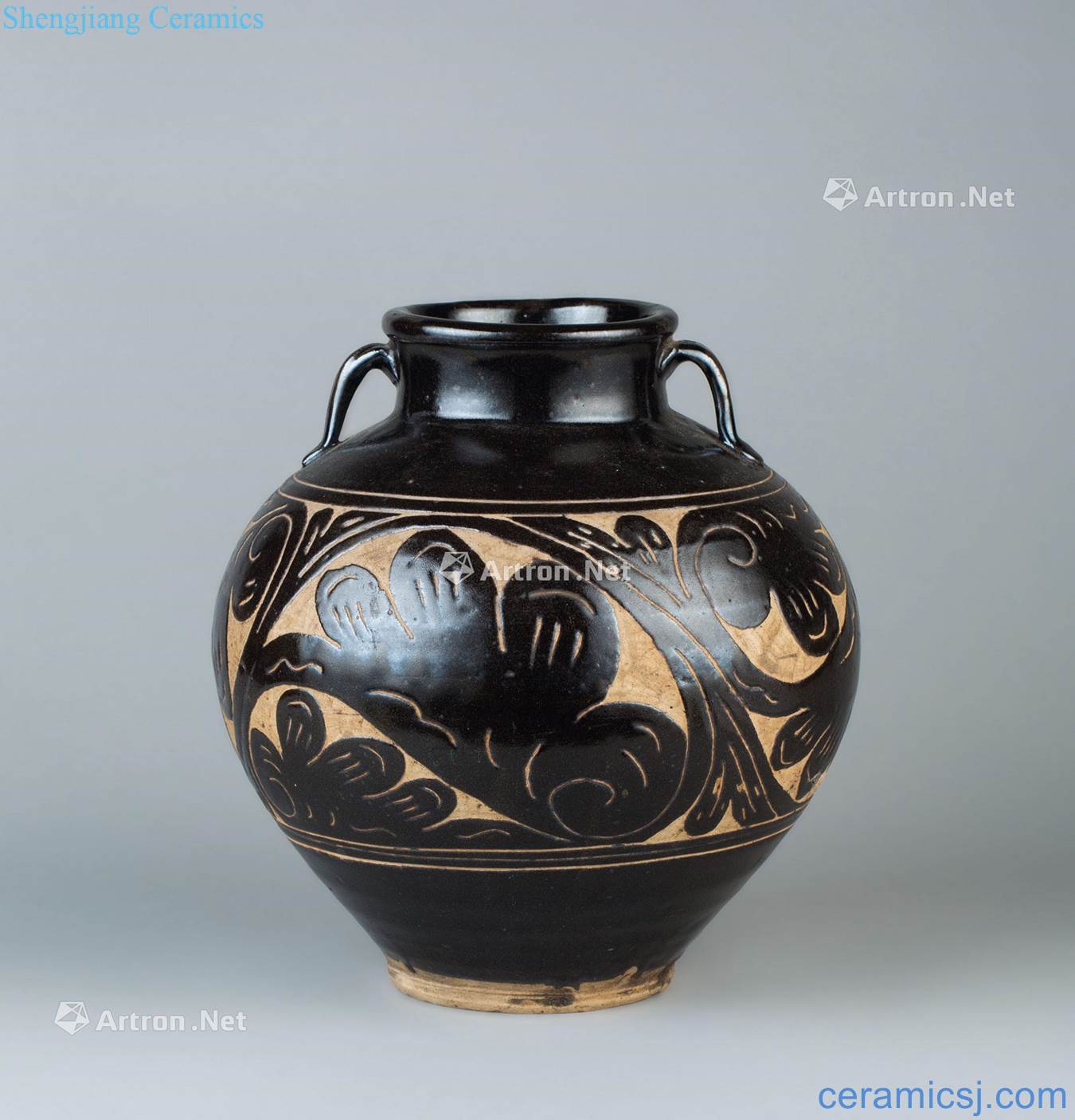 Jin (1115 ~ 1234) magnetic state kiln carved lines binaural pot of flowers