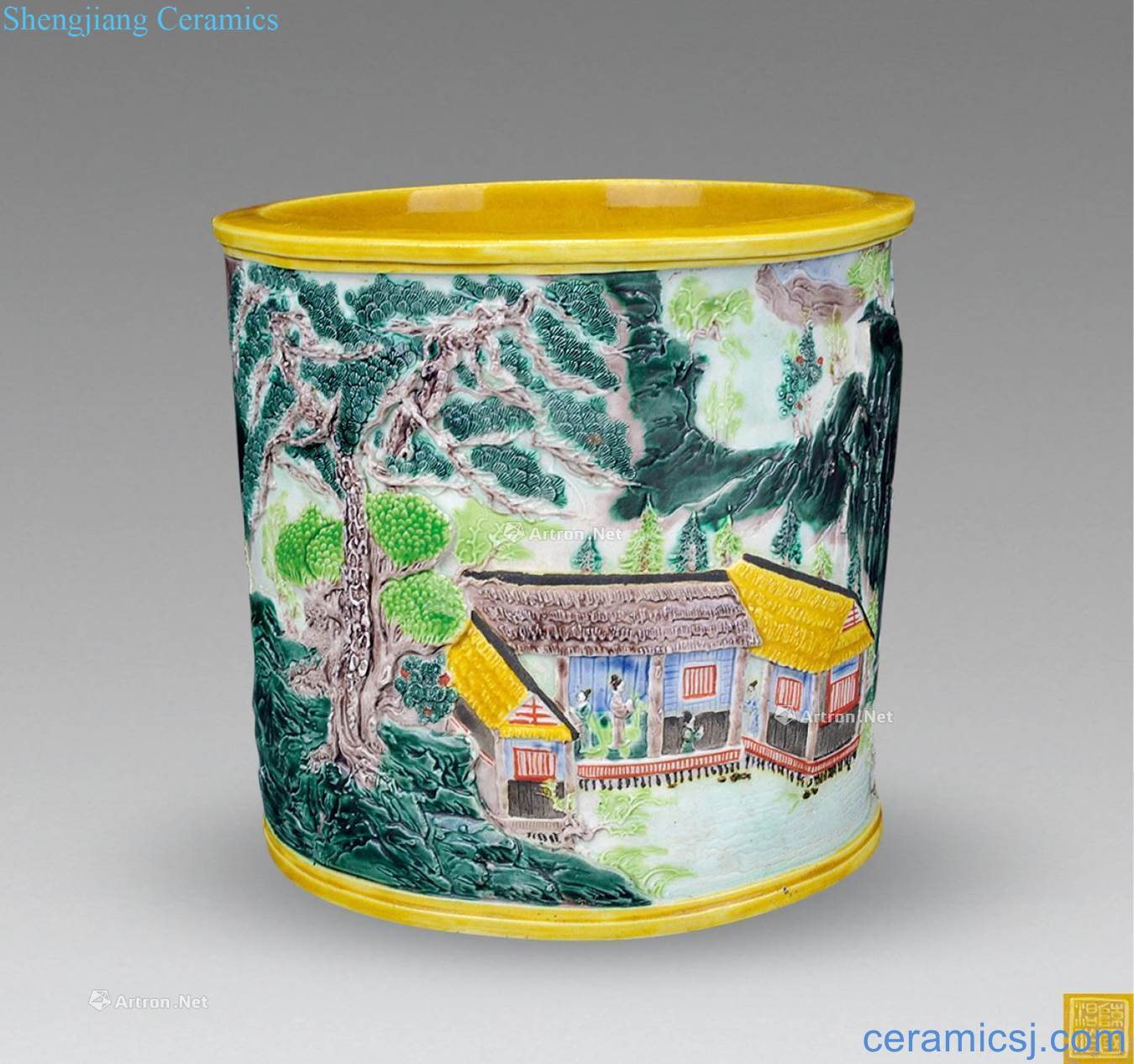 Michael chan carved porcelain colorful landscape brush pot