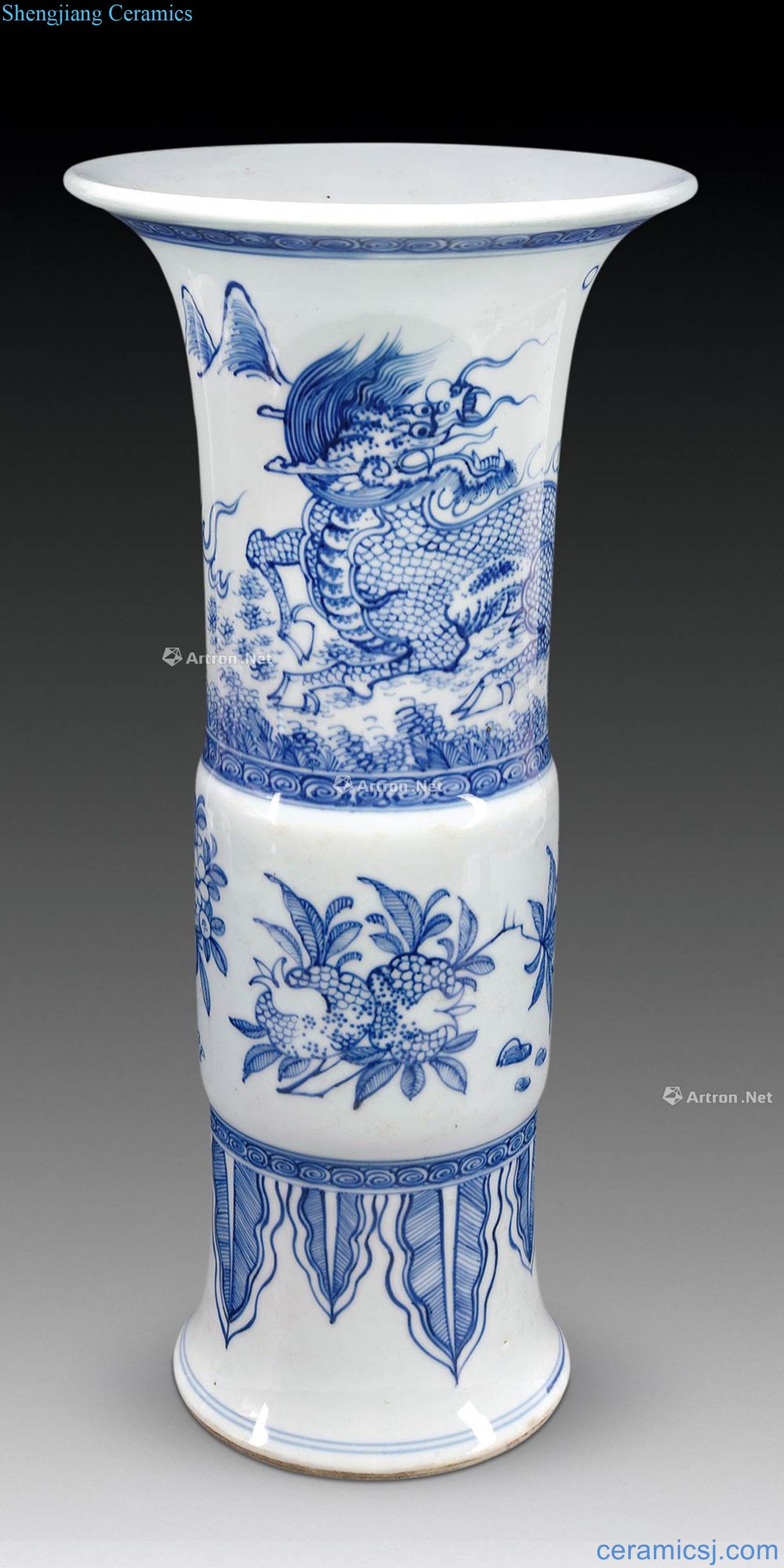 The qing emperor kangxi Blue and white unicorn full moon fruit flower vase with