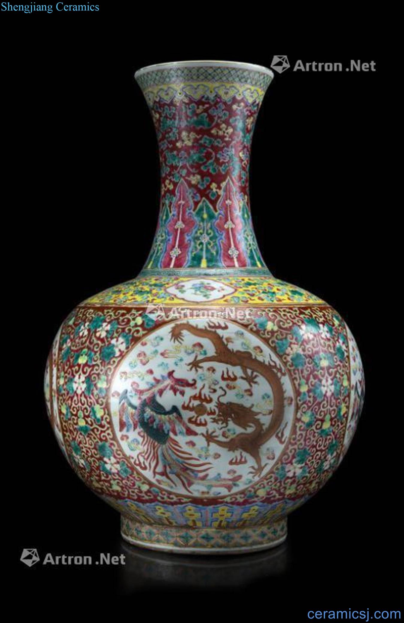 Guangxu period (1875-1908), A large ruby - ground Famille Rose bottle vase decorated with phoenix and dragons, the neck with floral motifs (restorations) China