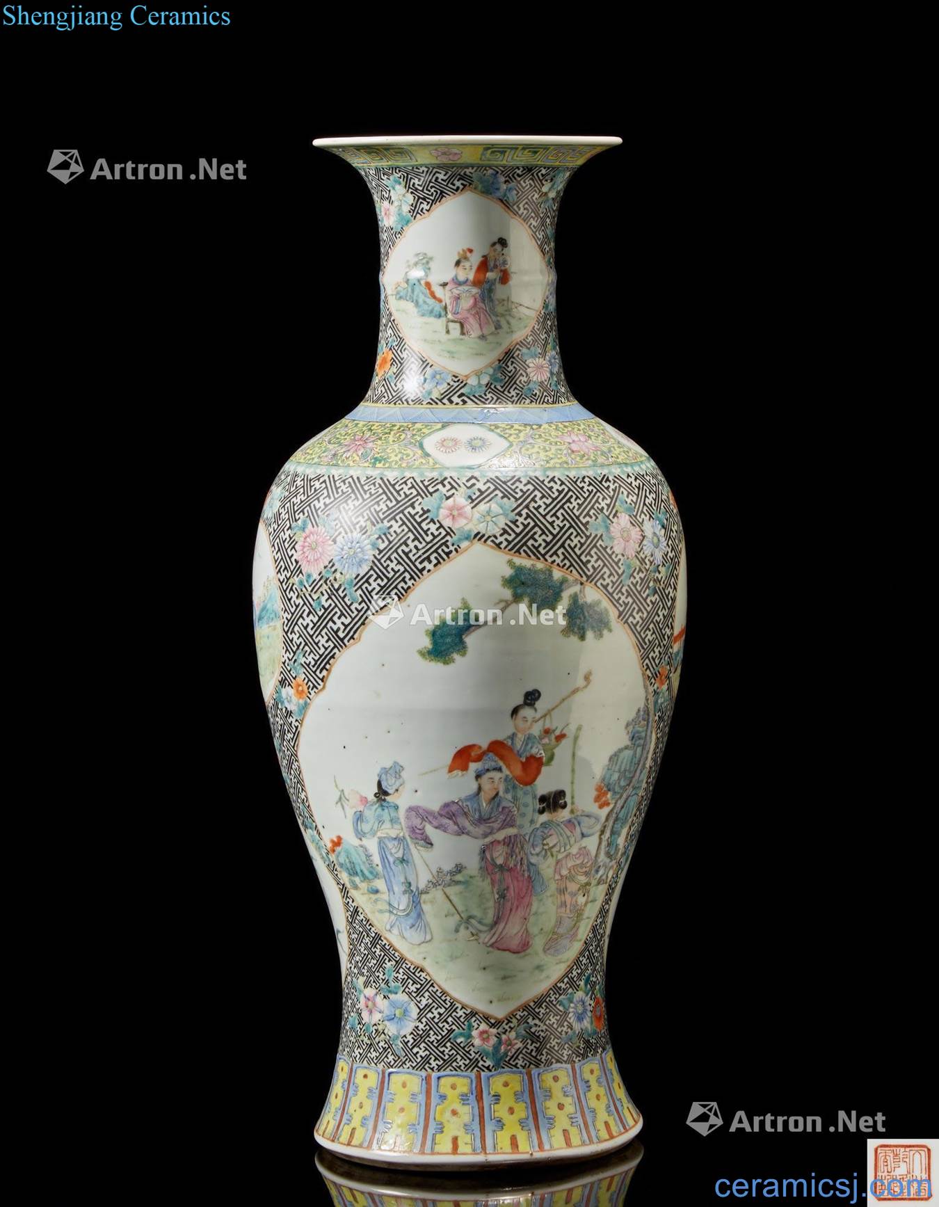 Republic period (1919-1949), A Famille Rose vase decorated with panels of figures against A geometric - patterned ground, apocryphal Qianlong mark to the base of China