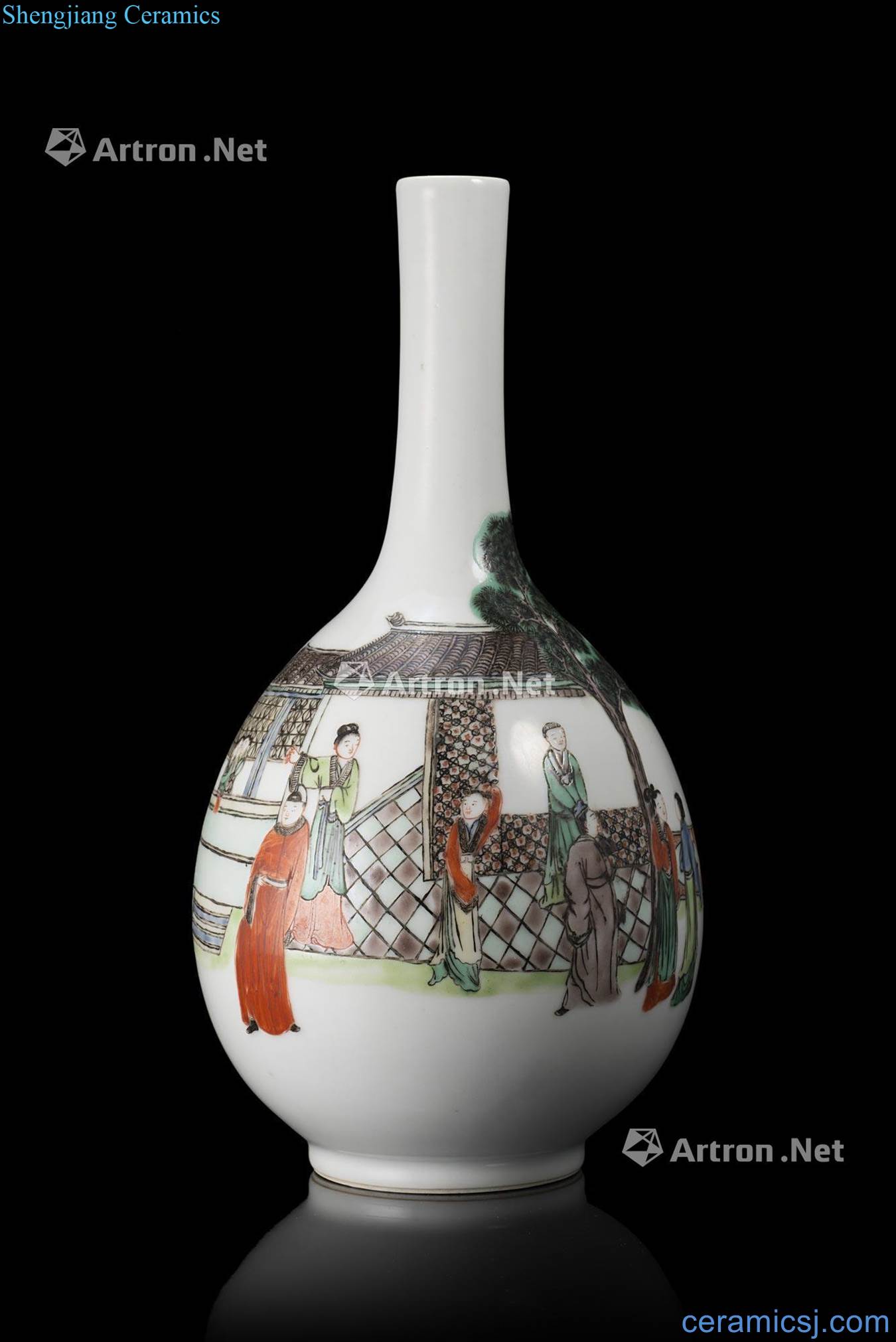 The Qing dynasty the 19 th century A Famille Verte bottle vase, decorated with figures at leisure in A fenced garden outside A pavillion, apocryphal Kangxi mark to the base of China