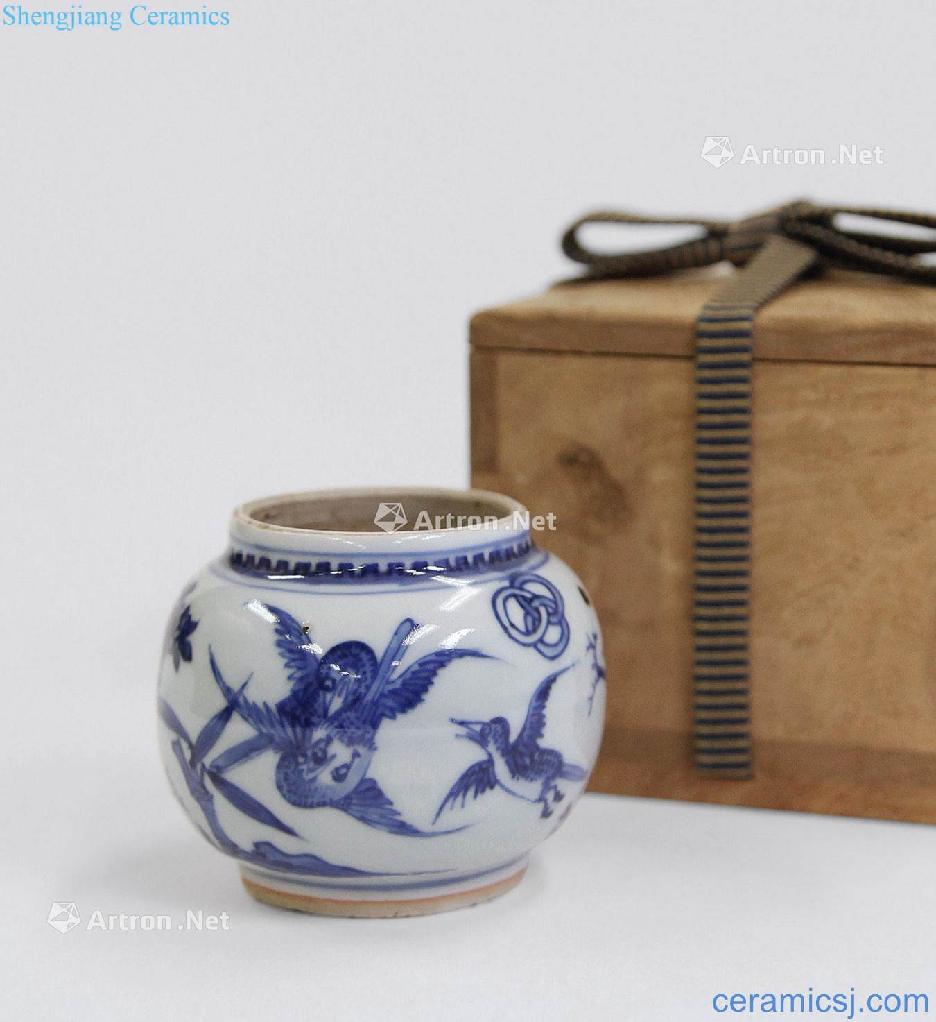 Qing dynasty Blue and white flowers and birds figure small tank