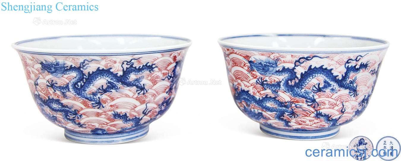 Qing dynasty blue-and-white youligong red sea water dragon grain bowl (a)