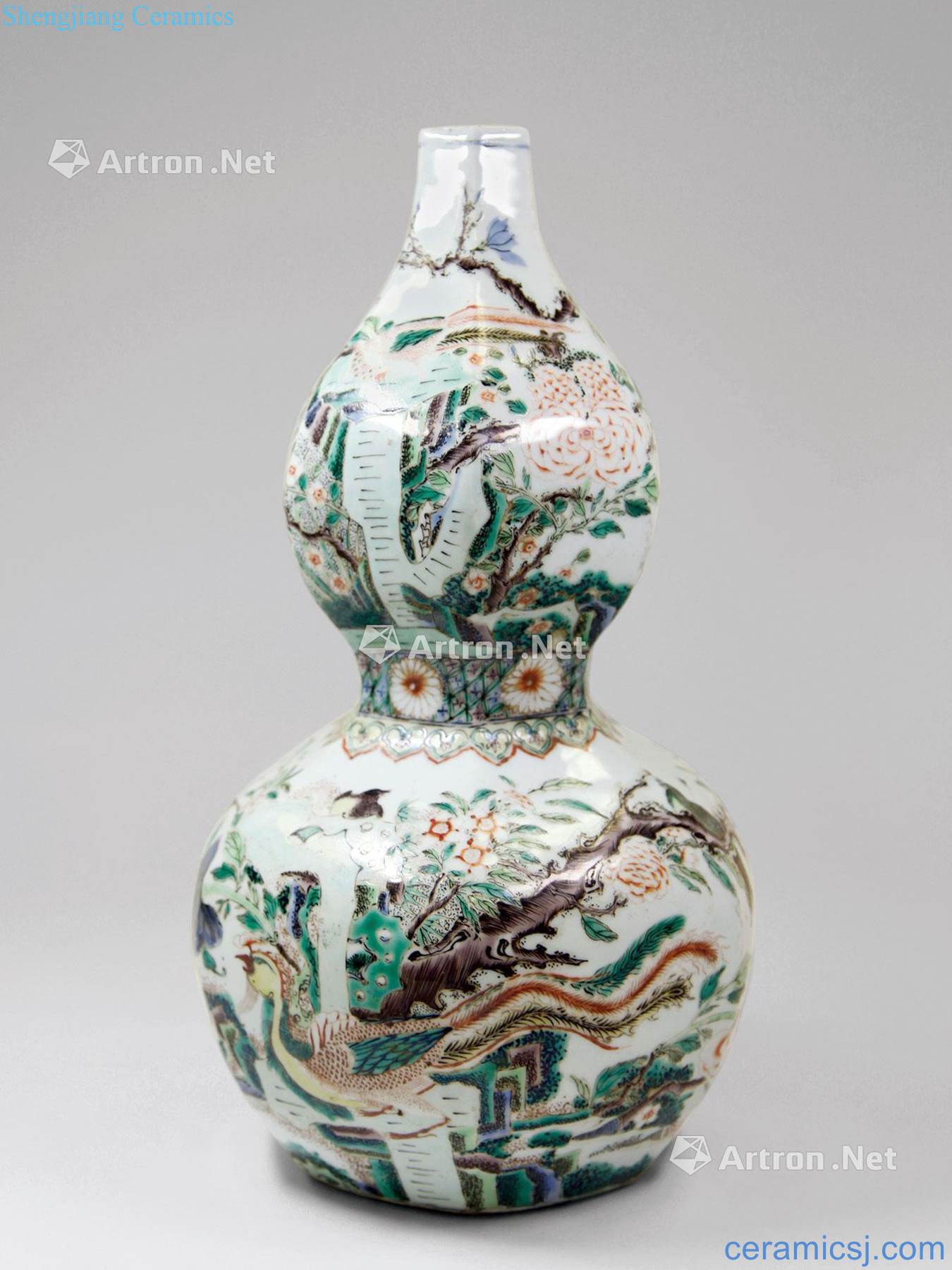 Qing figure gourd bottle of colorful flowers and birds