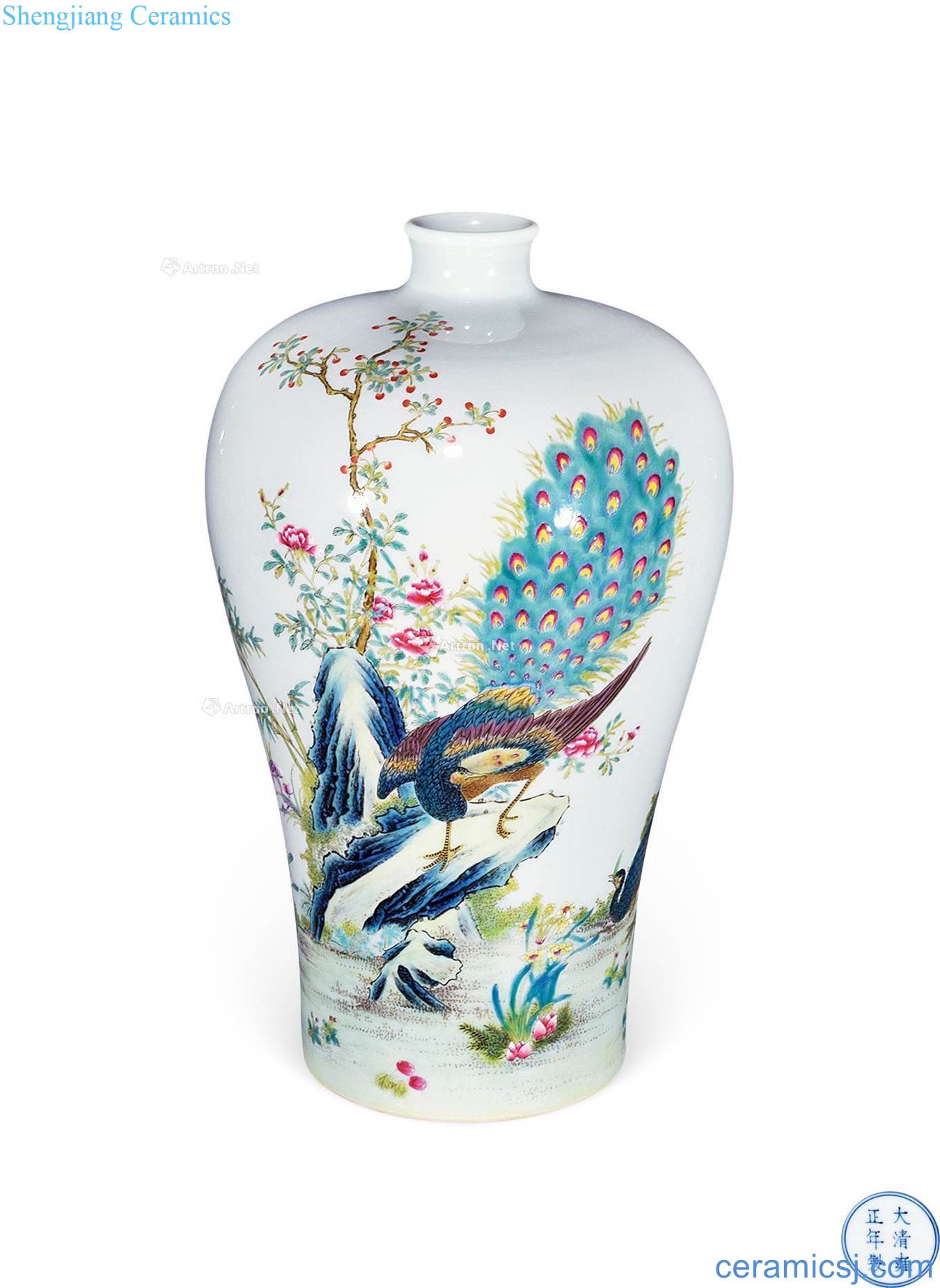 Qing yongzheng pastel peacock grain mei bottle
