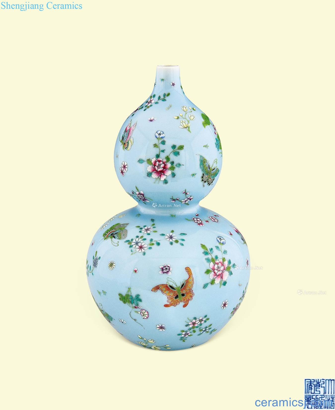 Qing qianlong pastel sky blue glaze colorful butterfly flower bottle gourd