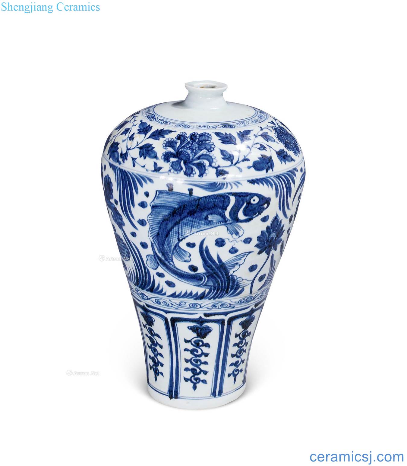 At the end of the yuan Ming Blue and white fish algae lotus flower grain mei bottle