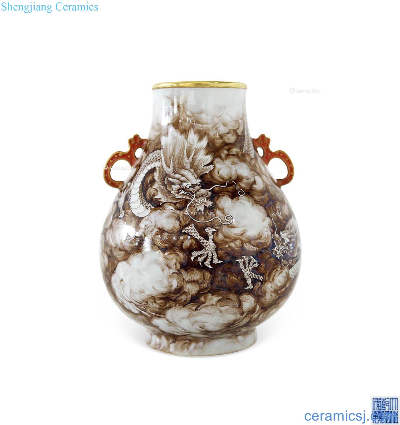 Qing qianlong color ink water dragon statue of my ears
