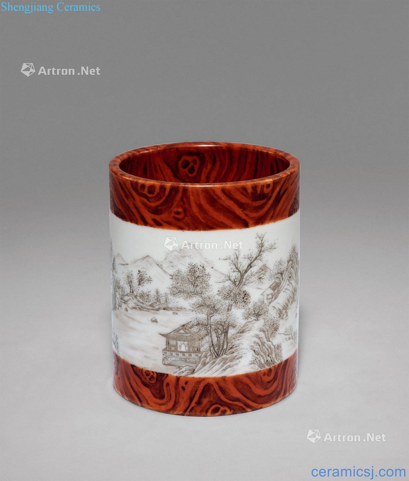 Qing qianlong ink color wood grain glaze landscape brush pot