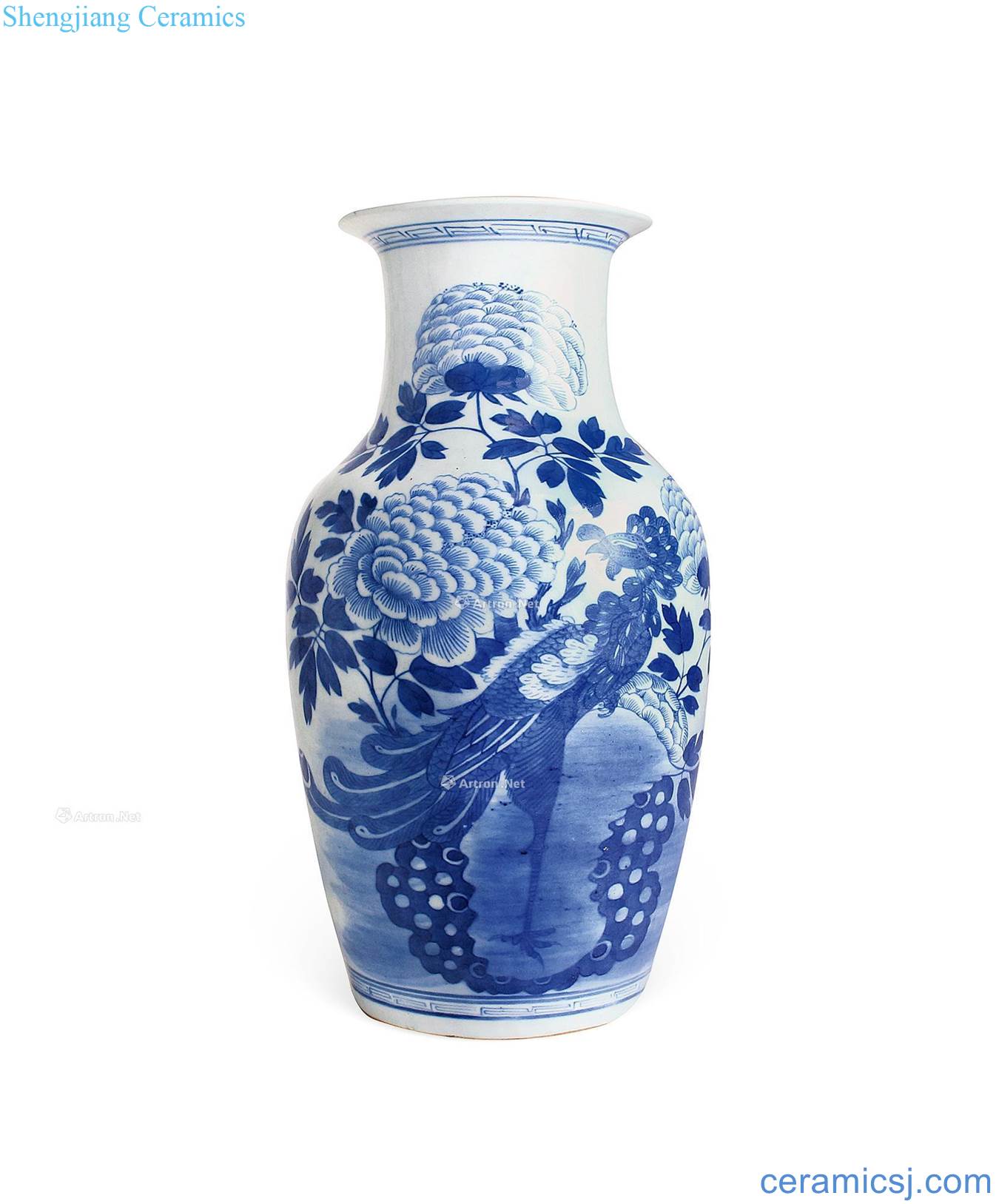 In the early qing Blue and white phoenix peony grains mouth bottle