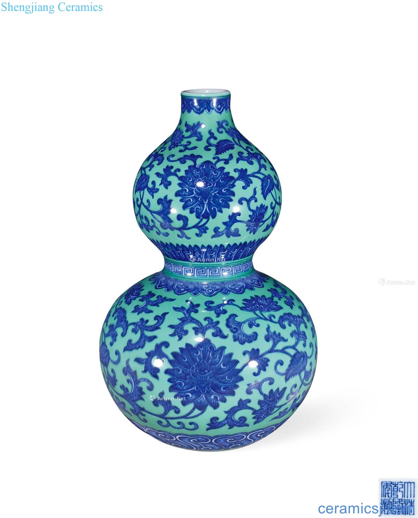Qing qianlong green glaze to avoid blue and white lotus flower grain bottle gourd