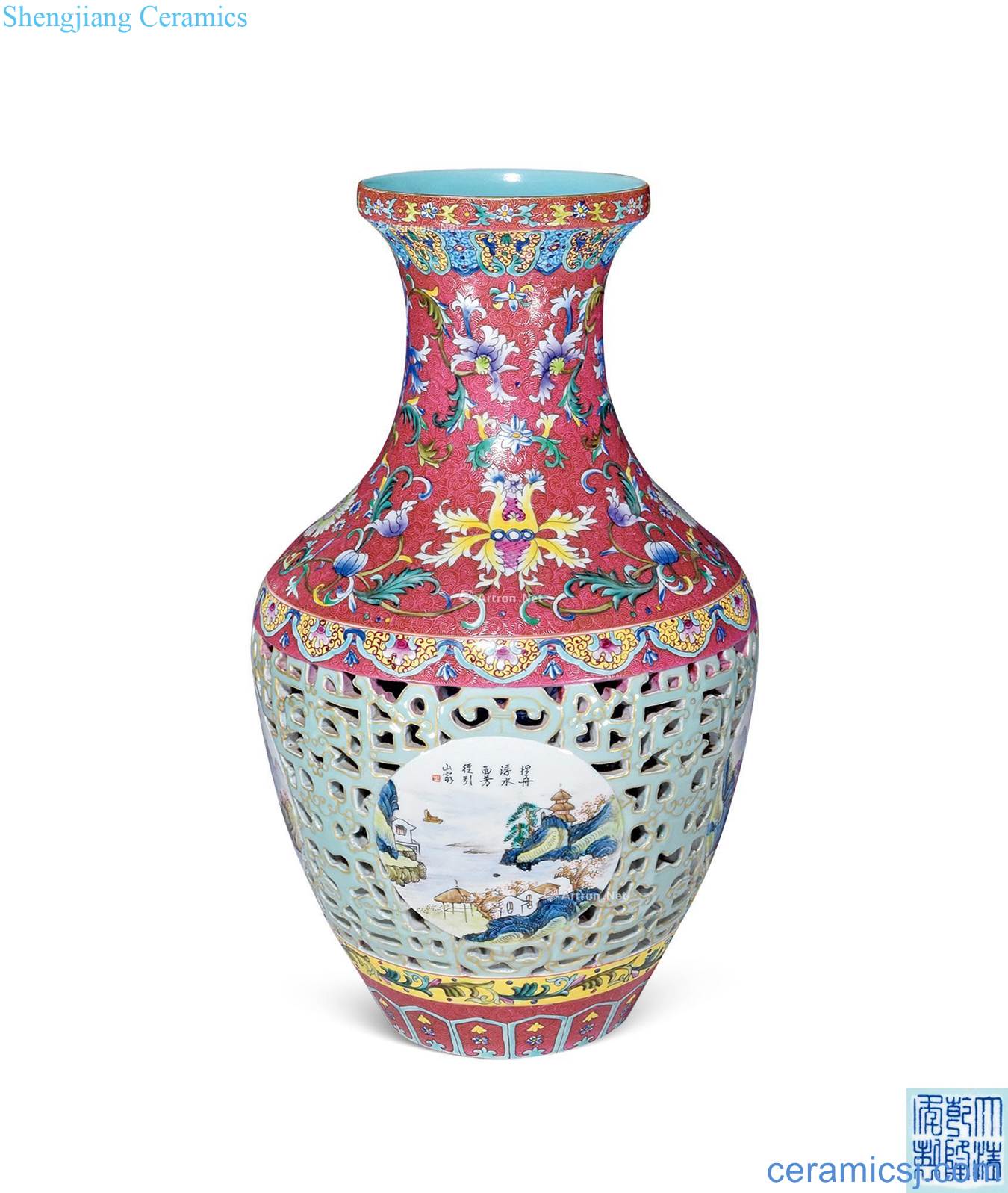 In late qing pastel hollow-out window landscape grain bottle