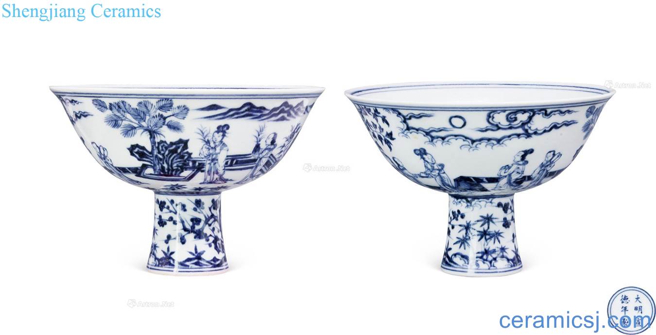 Ming xuande Blue-and-white scenery character lines footed bowl