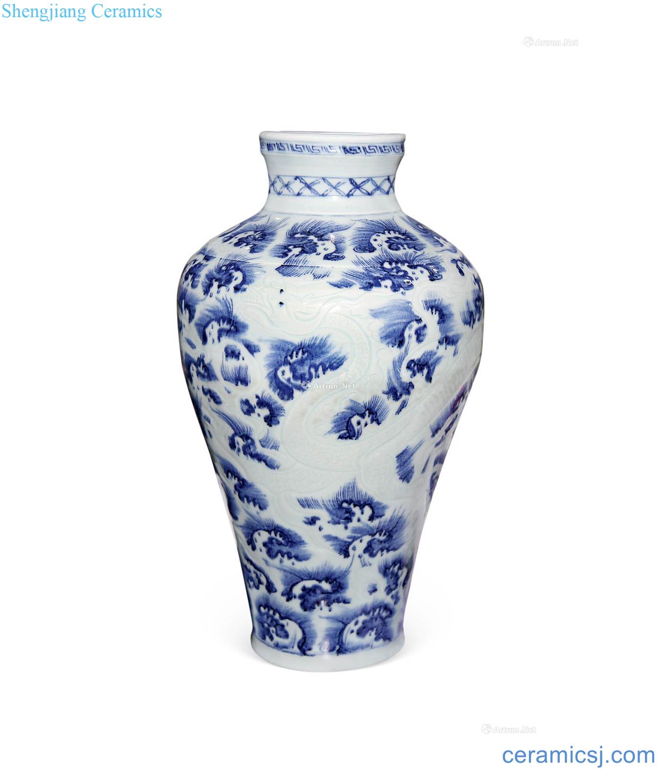 yuan Blue and white carved dragon big plum bottle