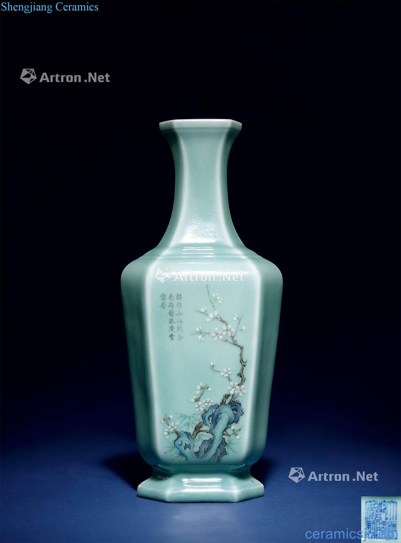 Qing qianlong blue glaze enamel double qing poetry hexagonal bottle